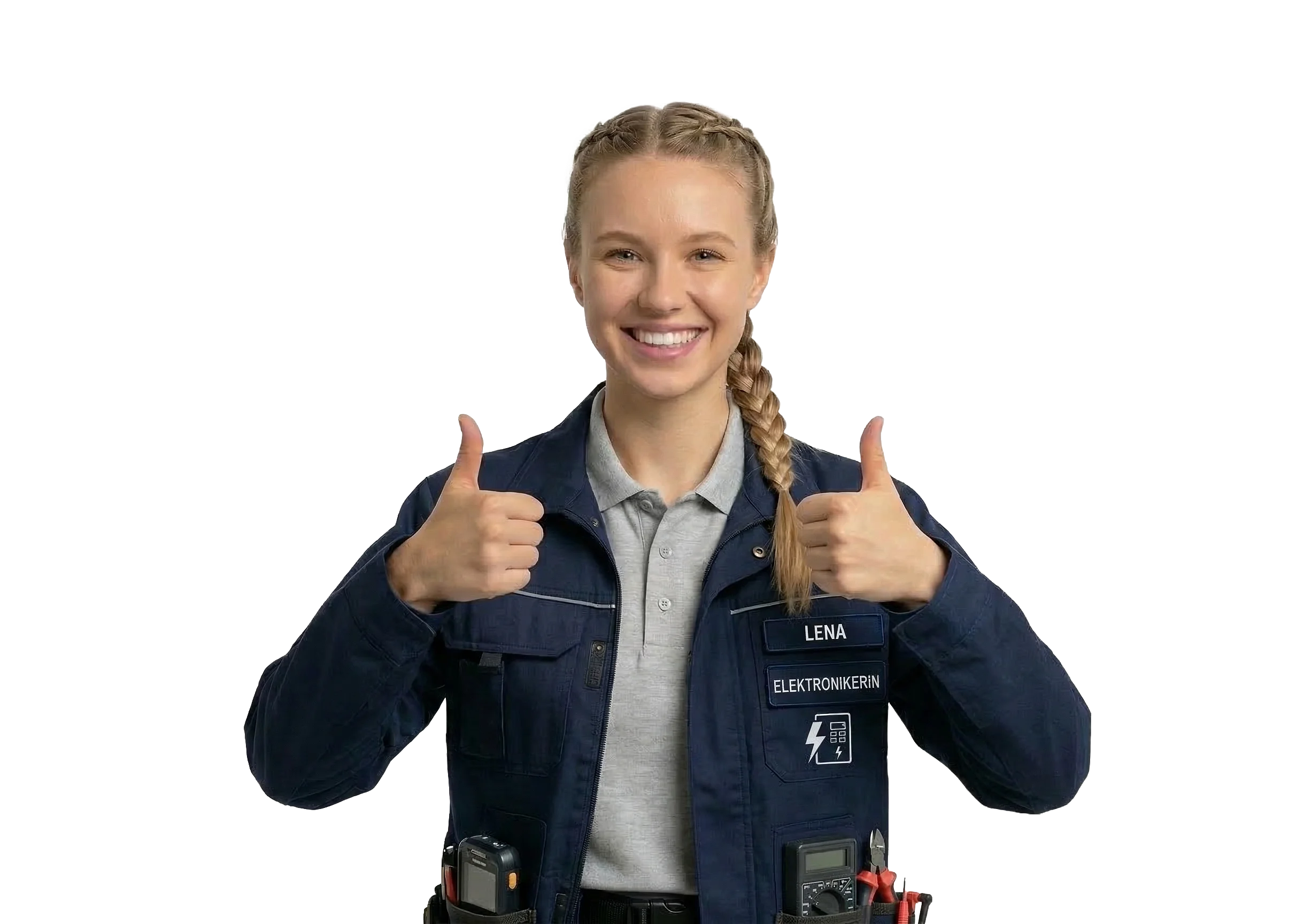 Eine lächelnde junge Frau mit blonden Flechtzöpfen in Arbeitskleidung als , die beide Daumen nach oben zeigt, vor weißem Hintergrund.