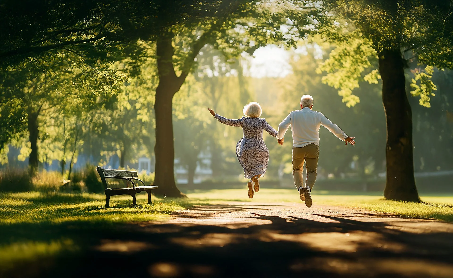 Glückliches Seniorenehepaar springt Hand in Hand auf sonnigem Parkweg