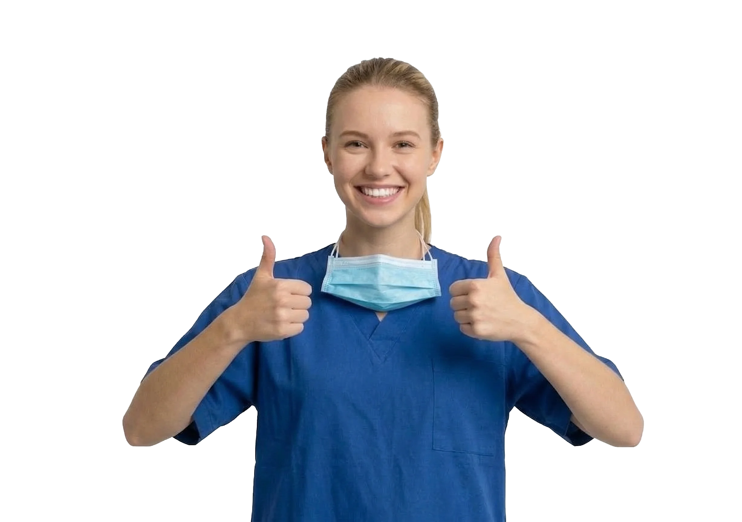 Eine lächelnde junge Frau mit blonden Flechtzöpfen in Arbeitskleidung als , die beide Daumen nach oben zeigt, vor weißem Hintergrund.