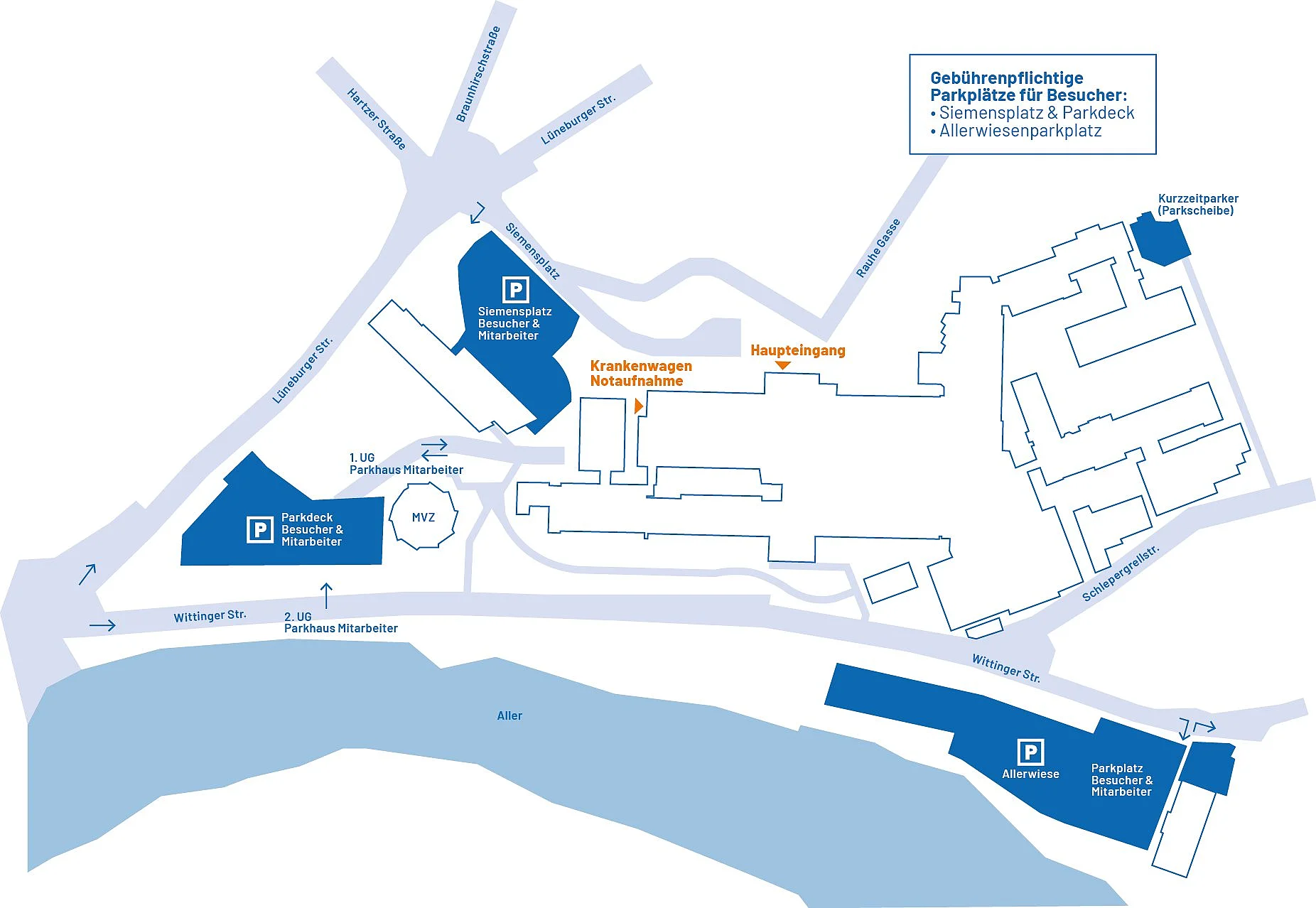 Celle-Parkplätze Grafischer Lageplan des Allgemeinen Krankenhaus Celle.