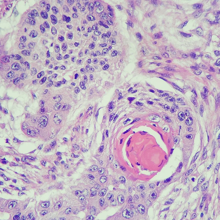 Histologisches Bild unter dem Mikroskop – Gewebeprobe mit Zellstrukturen und pathologischem Befund zur Diagnostik in der Pathologie