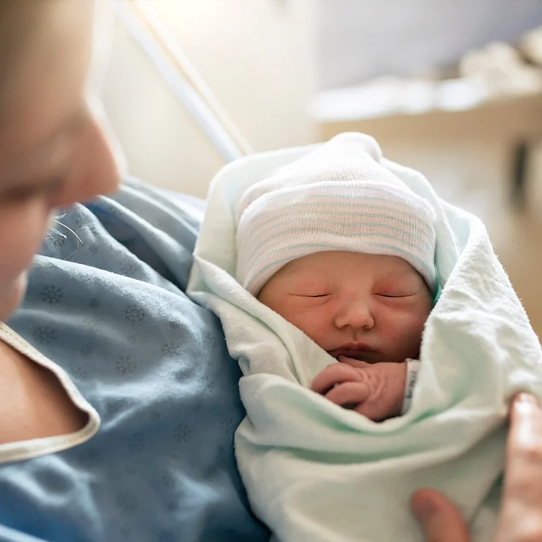 Neugeborenes liegt nach der Geburt eingewickelt im Arm der Mutter im Krankenhausbett