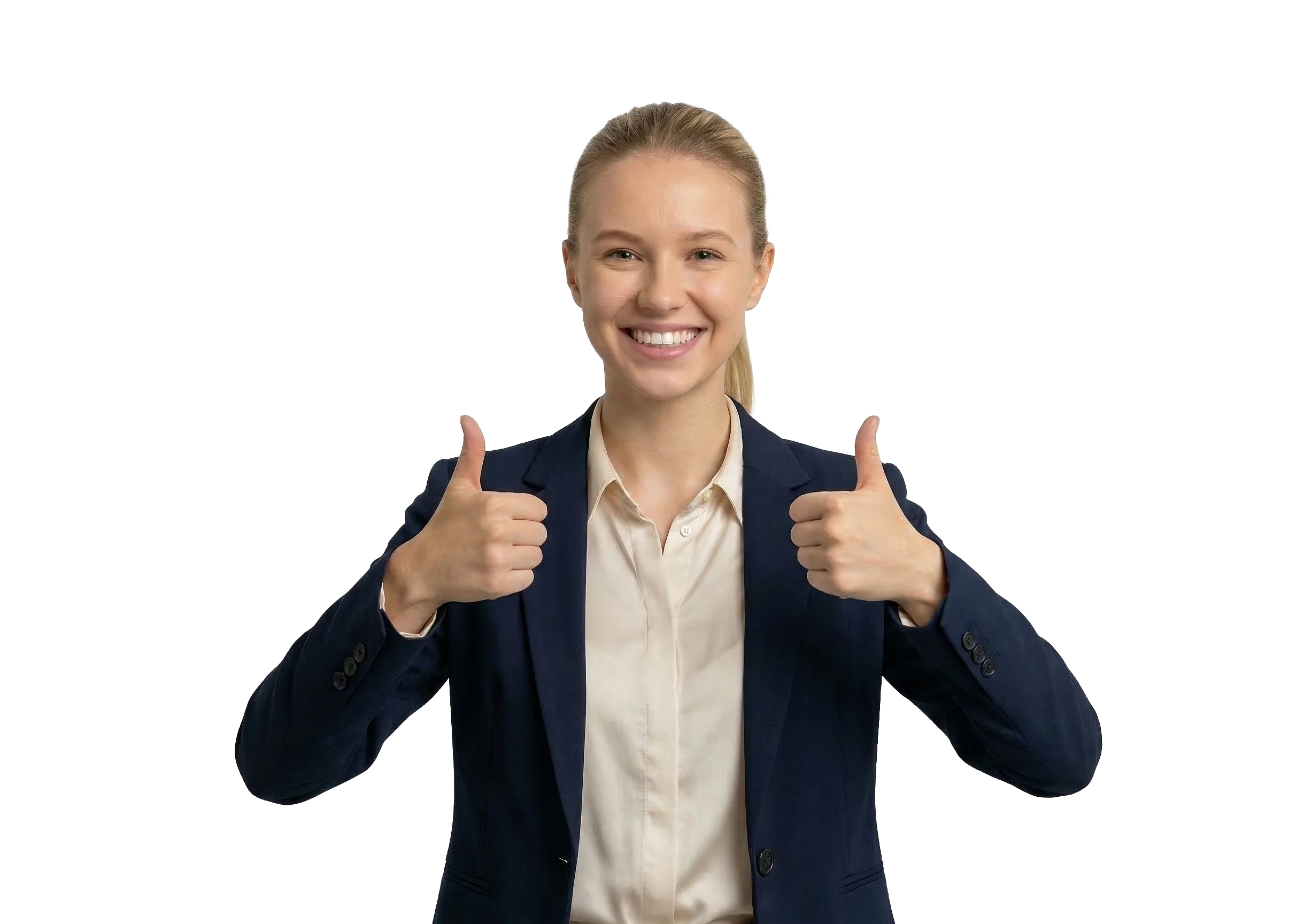 Eine lächelnde junge Frau mit blonden Flechtzöpfen in Arbeitskleidung als , die beide Daumen nach oben zeigt, vor weißem Hintergrund.