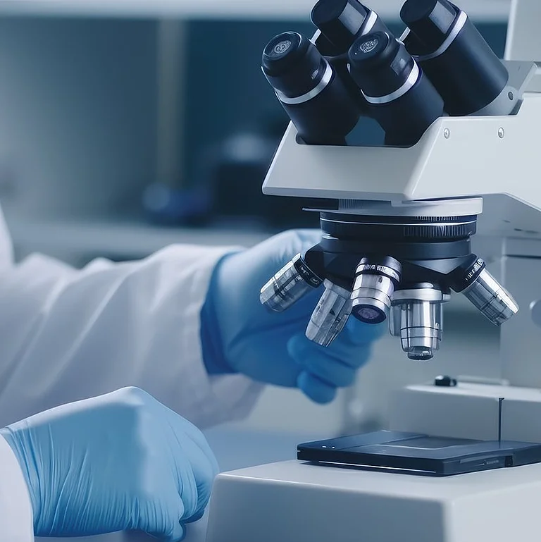 Wissenschaftler arbeitet mit modernem Mikroskop und Proben im medizinischen Forschungslabor
