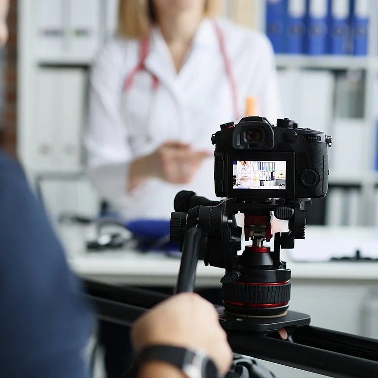 Kamerateam filmt eine Ärztin im Büro – Videoproduktion für medizinische Inhalte