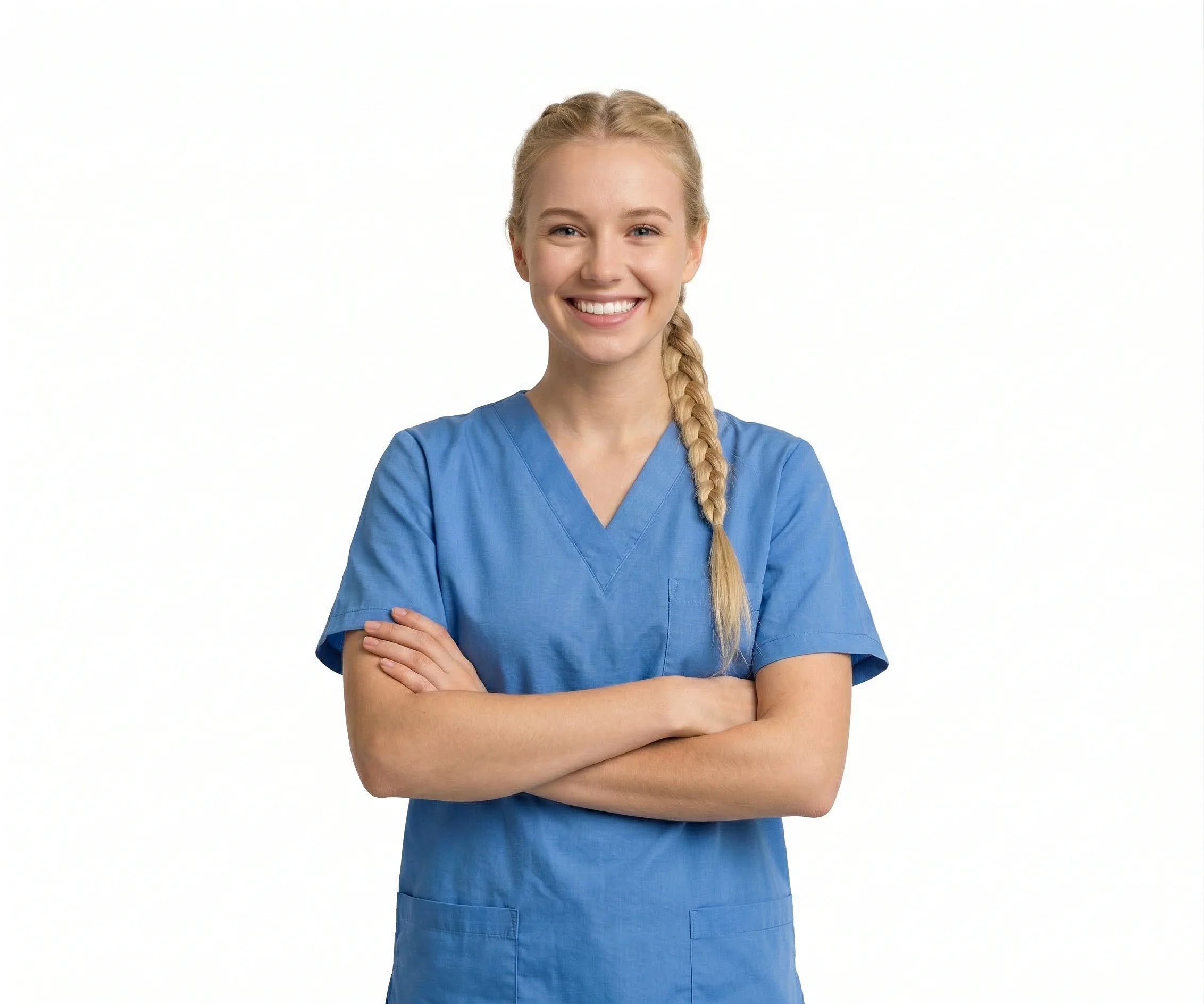 Eine lächelnde junge Frau mit blonden Flechtzöpfen in Arbeitskleidung als , die beide Daumen nach oben zeigt, vor weißem Hintergrund.