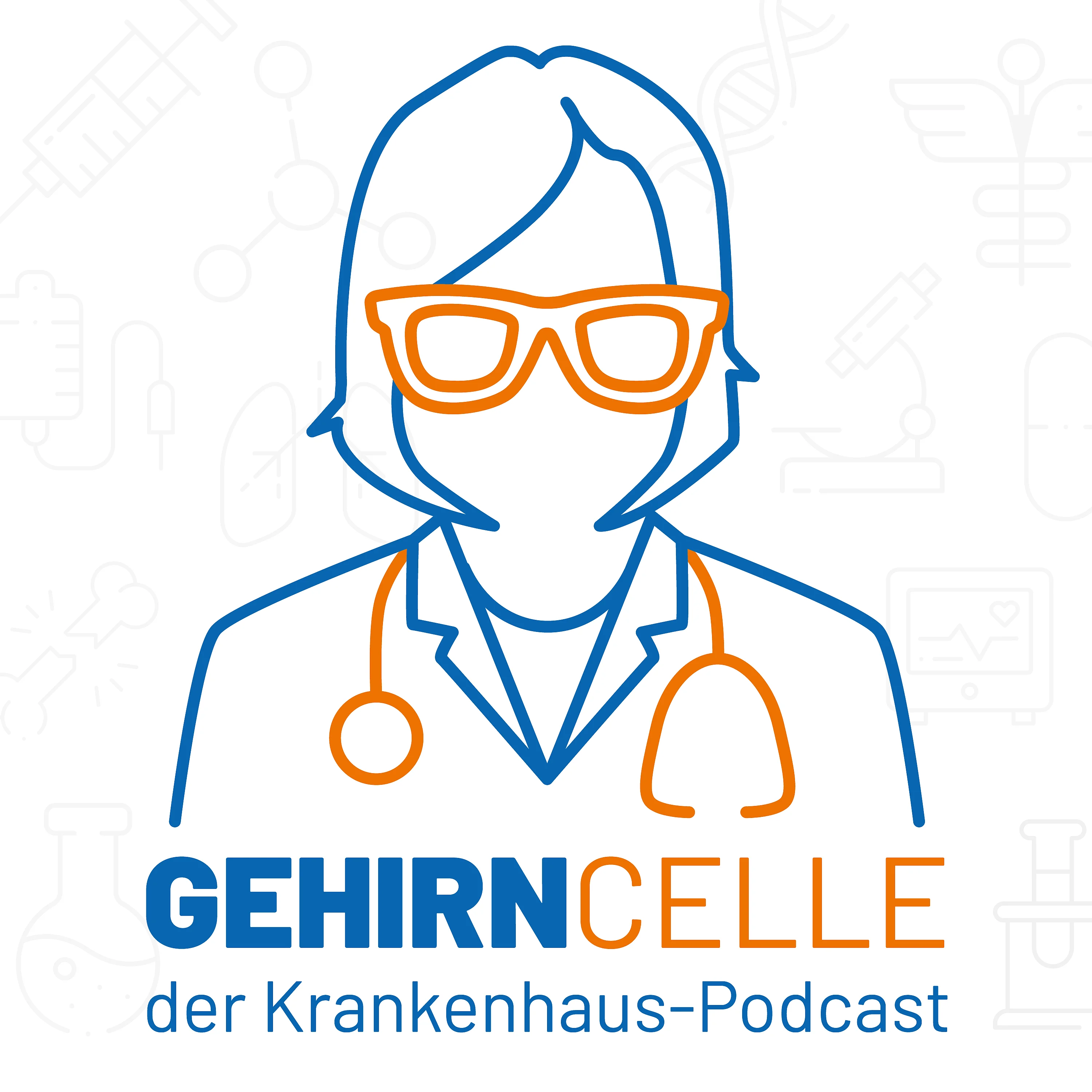 Das Bild zeigt das Logo des Podcasts „GEHIRNCELLE – der Krankenhaus-Podcast“.  Es zeigt eine stilisierte Zeichnung einer medizinischen Fachperson mit Brille und Stethoskop in blauer und oranger Linie. Der Name „GEHIRNCELLE“ ist farblich zweigeteilt – „GEHIRN“ in Blau, „CELLE“ in Orange – mit dem Untertitel: „der Krankenhaus-Podcast“.
