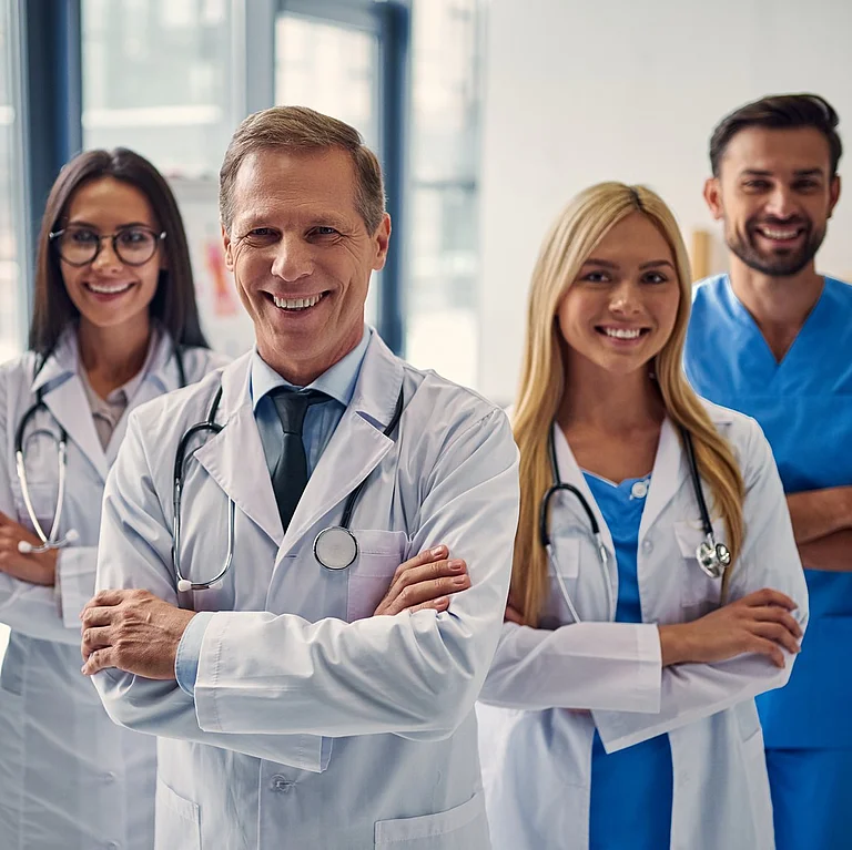 Lächelndes medizinisches Team mit Ärzten und Ärztinnen in weißem Kittel und Pflegekraft in blauer Kleidung im Klinikflur.