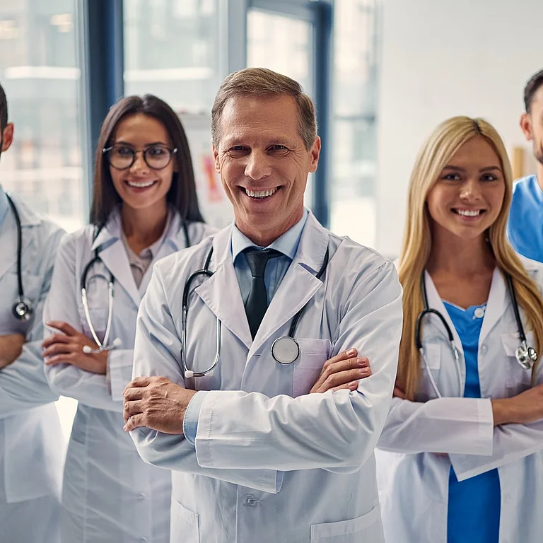 Lächelndes medizinisches Team mit Ärzten und Ärztinnen in weißem Kittel und Pflegekraft in blauer Kleidung im Klinikflur.