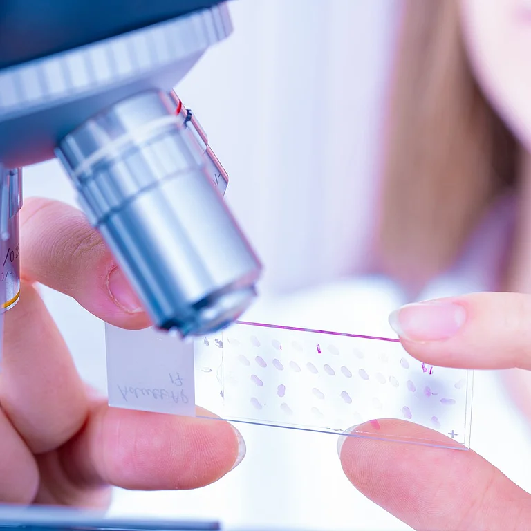 Pathologin analysiert Gewebeprobe unter dem Mikroskop – präzise Diagnostik im Fachbereich Pathologie