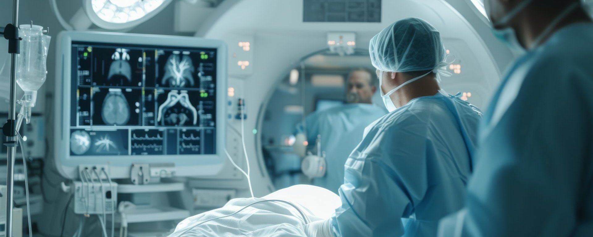 An interventional radiology surgeon performs a catheter-based treatment using X-ray visualization. OP-Situation mit Bildgebung auf Bildschirm im Hintergrund