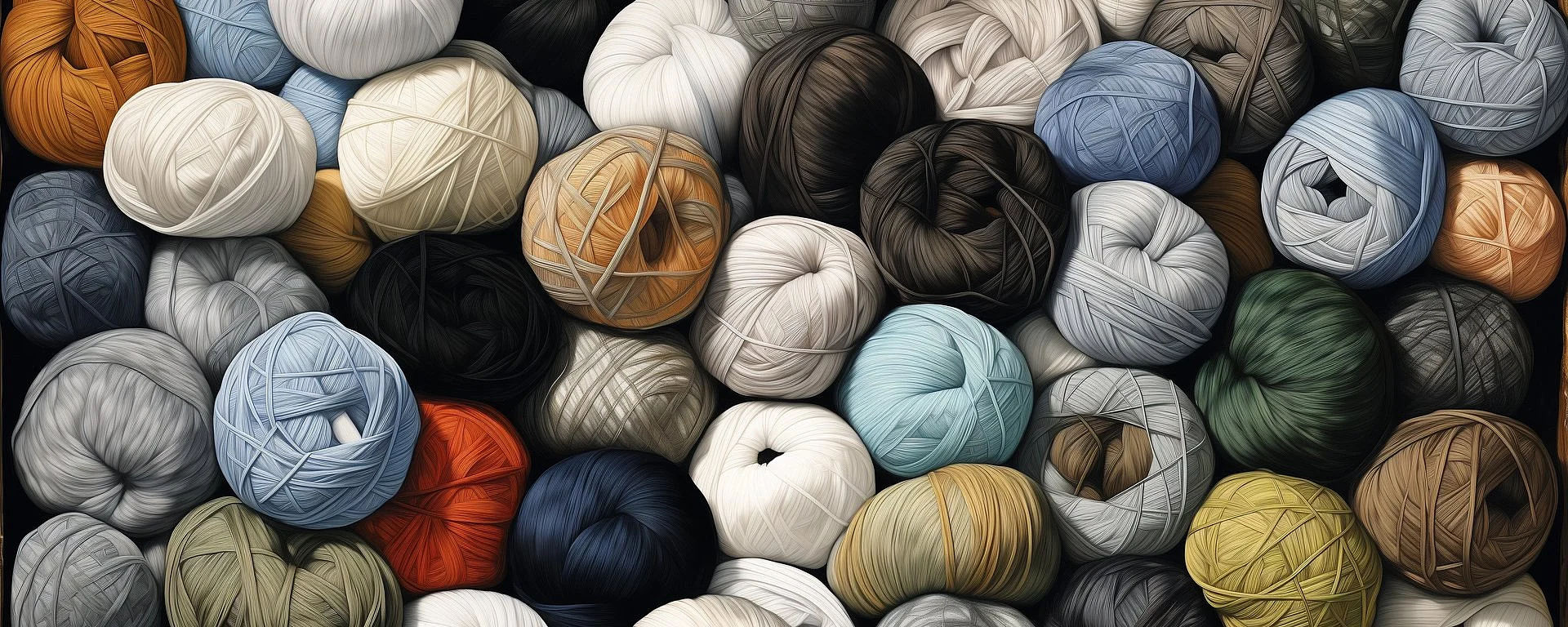 Das Bild zeigt eine große Ansammlung verschiedenfarbiger Wollknäuel, dicht aneinandergereiht. Die Farben reichen von neutralen Tönen wie Grau und Beige bis hin zu kräftigem Rot, Blau und Grün. Die Szene vermittelt ein Gefühl von Vielfalt und Kreativität – ideal für Handarbeitsprojekte wie Stricken oder Häkeln.