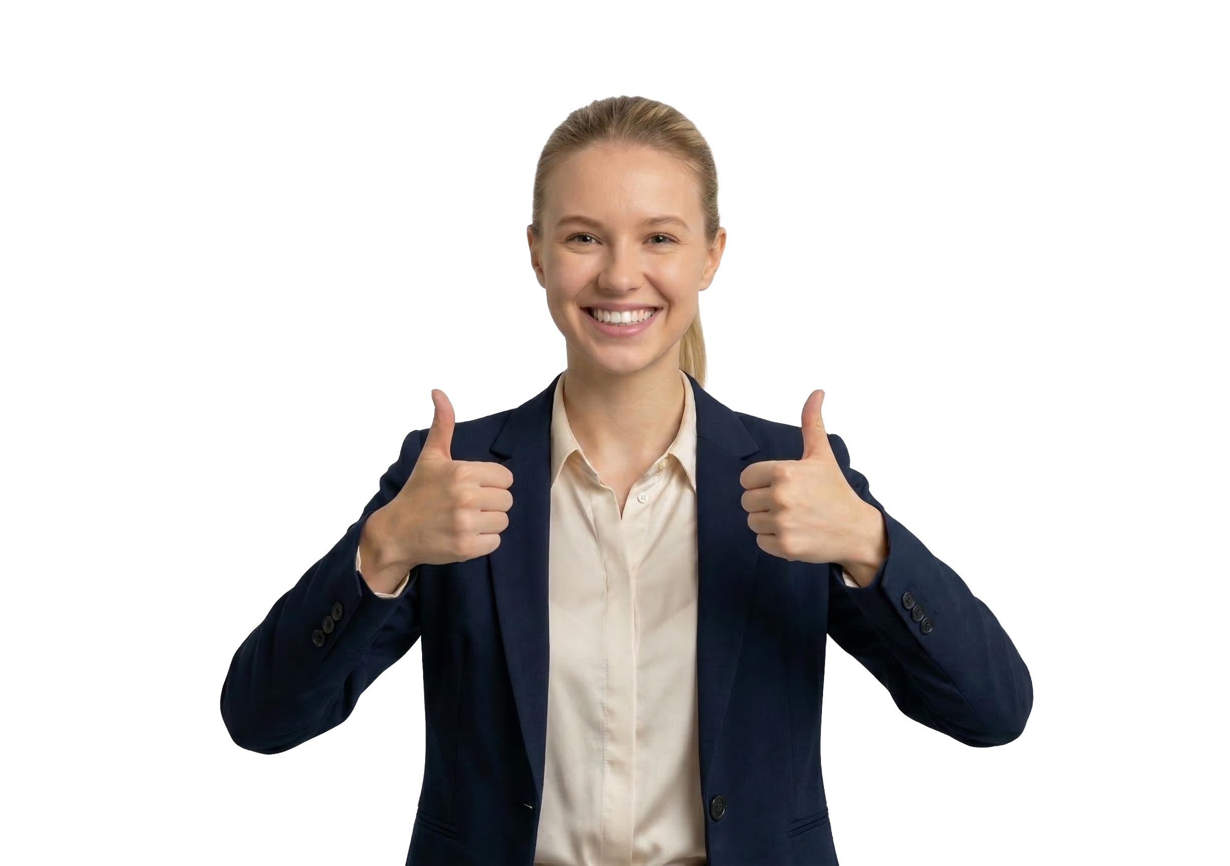 Eine lächelnde junge Frau mit blonden Flechtzöpfen in Arbeitskleidung als , die beide Daumen nach oben zeigt, vor weißem Hintergrund.