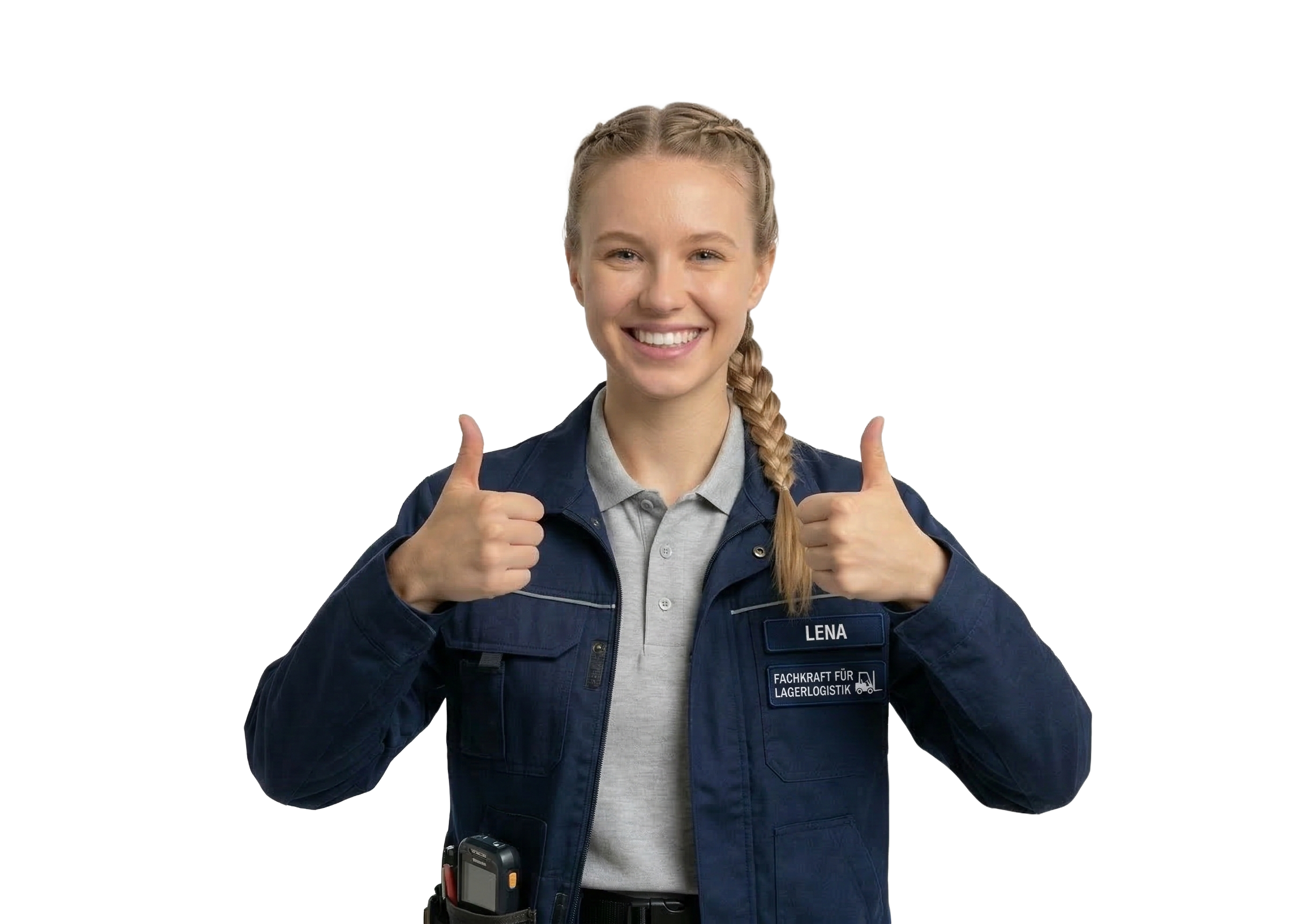 Eine lächelnde junge Frau mit blonden Flechtzöpfen in Arbeitskleidung als , die beide Daumen nach oben zeigt, vor weißem Hintergrund.